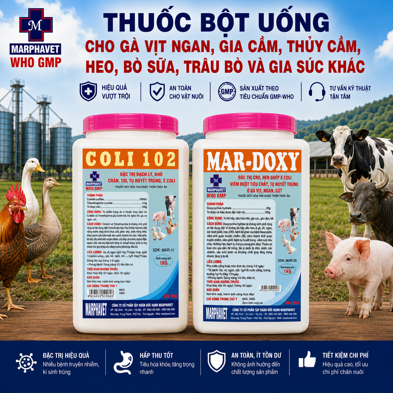 THUỐC BỘT UỐNG CHO GÀ VỊT NGAN, GIA CẦM, THỦY CẦM, HEO, BÒ SỮA, TRÂU BÒ VÀ GIA SÚC KHÁC