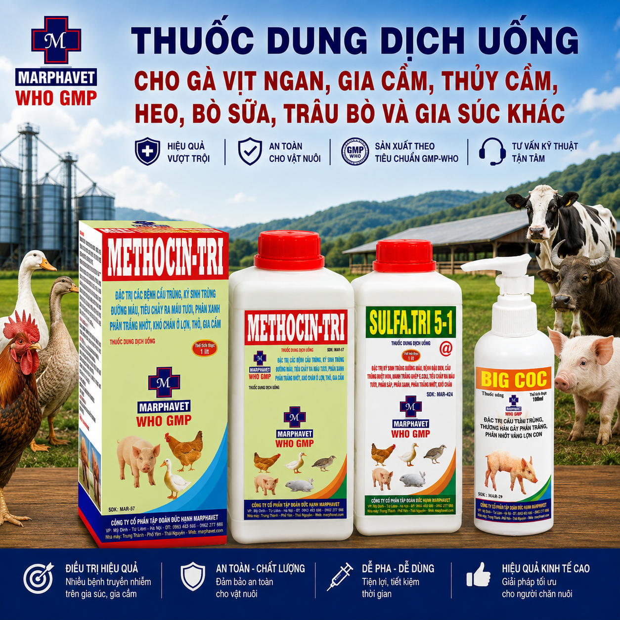 THUỐC DUNG DỊCH UỐNG CHO GÀ VỊT NGAN, GIA CẦM, THỦY CẦM, HEO, BÒ SỮA, TRÂU BÒ VÀ GIA SÚC KHÁC